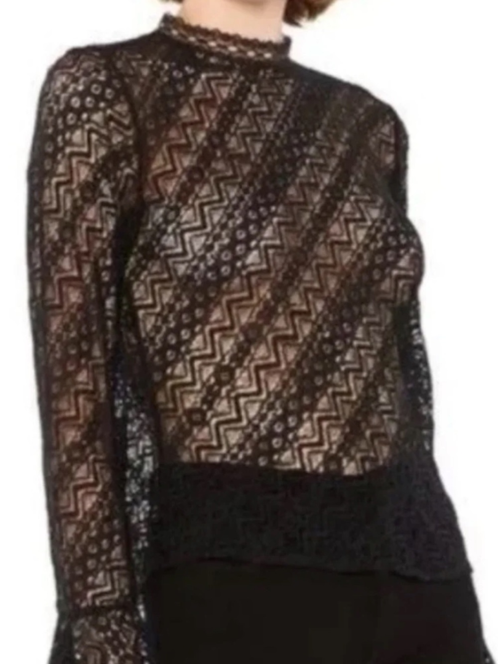 MISA Los Angeles Black Lace Bell Sleeve Sheer Top Size S